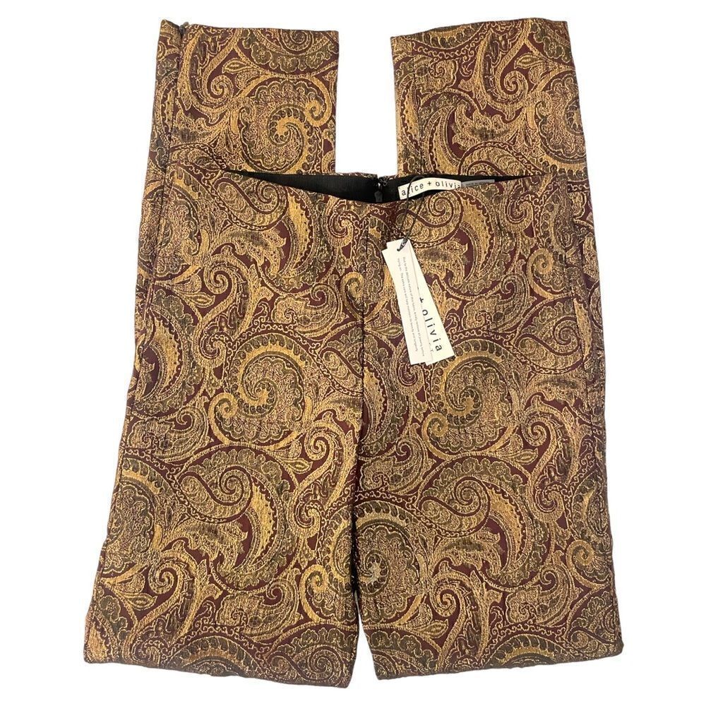 Alice + Olivia Gold Lamè Paisley Printed Straight Leg Pants |Size: 2|